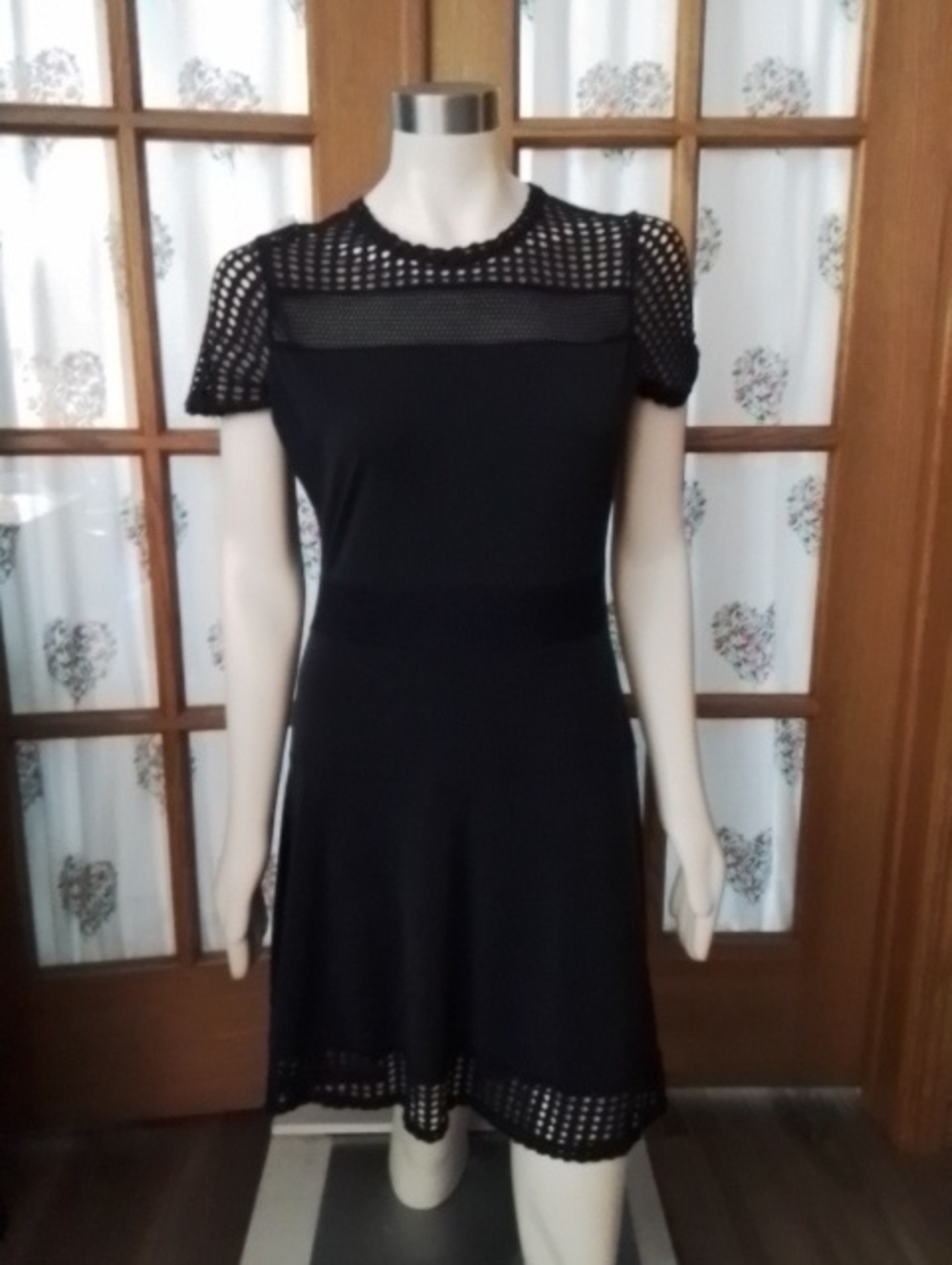 Michael Kors Navy A-line Mesh-detail Dress, Short Sleeves, Size L.